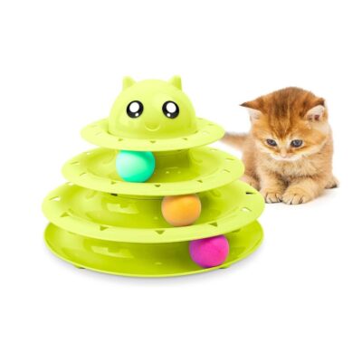 FurDreams Cat Roller Ball Toy Interactive – Green, 3 Tier Tower Fun Cat Ball Track Toy with 3 Colour Balls