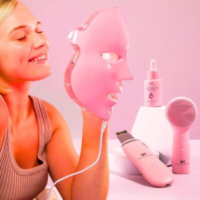 LED Face Mask Light Therapy Premium Spa Kit (4 Pcs) – With Ultrasonic Scrubber, Sonic Brush & Green Tea Serum