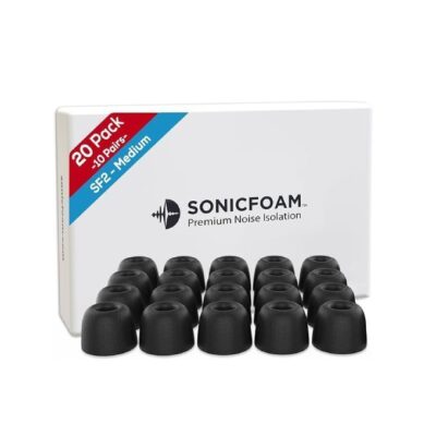 SONICFOAM (SF2 Medium Black) Replacement Memory Foam Earbud Tips for Earbuds with Speaker Diameter 4.4-5.7mm – 20 Pack / 10 Pairs