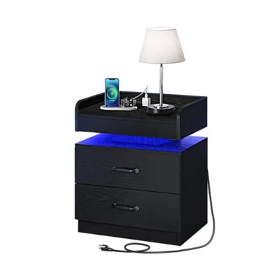 Black Nightstand with Charging Station, Night Stand with LED Lights