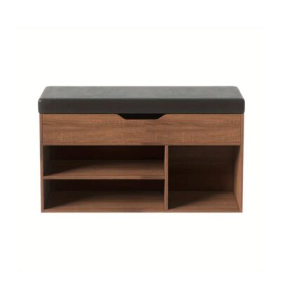 Homy Casa Compact Shoe Storage Bench, 31.5″ Walnut Finish with 4 Storage Cubbies, Upholstered Seat, Ideal for Entryway or Hallway