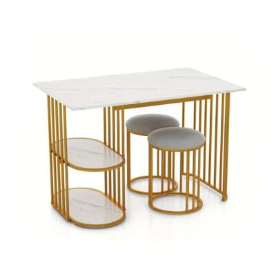 MULTIGOT 3 Piece Dining Table Set with 2 Stools, Rectangular Dining Table for 2 with 2-tier Storage Shelf