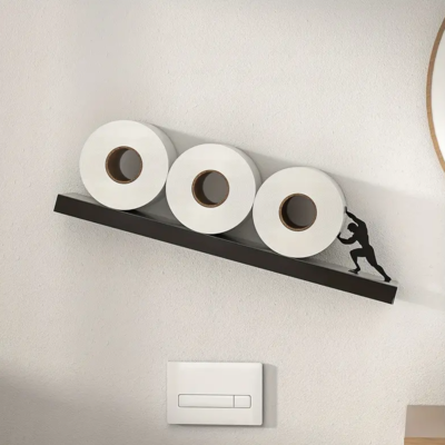 Creative Wall-Mounted Toilet Paper Holder with Silhouette Accent – Self-Adhesive, Wooden and Iron Material, Bathroom Tissue Roll Storage for Home and Kitchen Use – 1pc