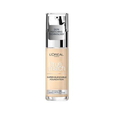 L’Oreal Paris True Match Liquid Foundation, Skincare Infused with Hyaluronic Acid, SPF 17, Available in 40 Shades, 3W, 30 m