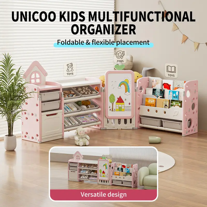 Kids Multifunctional Toy Storage Organizer with 3-Tier Bookshelf, Storage Rack & Drawing Board - Image 2