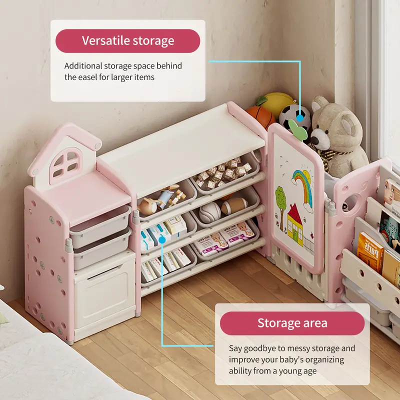 Kids Multifunctional Toy Storage Organizer with 3-Tier Bookshelf, Storage Rack & Drawing Board - Image 3