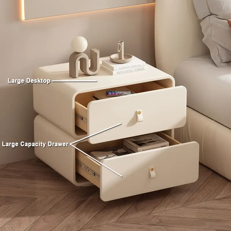 Cream White Bedside Table, Simple Bedside Table With 2 Drawers, - Image 3