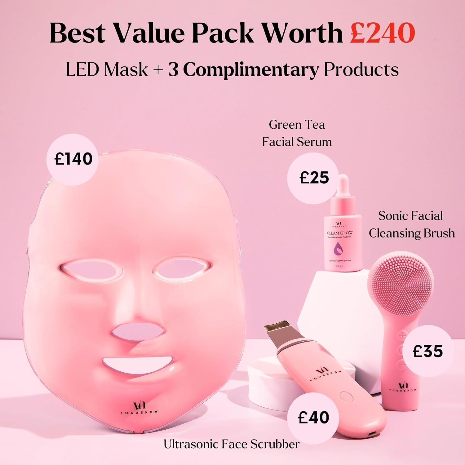 LED Face Mask Light Therapy Premium Spa Kit (4 Pcs) - With Ultrasonic Scrubber, Sonic Brush & Green Tea Serum - Image 2