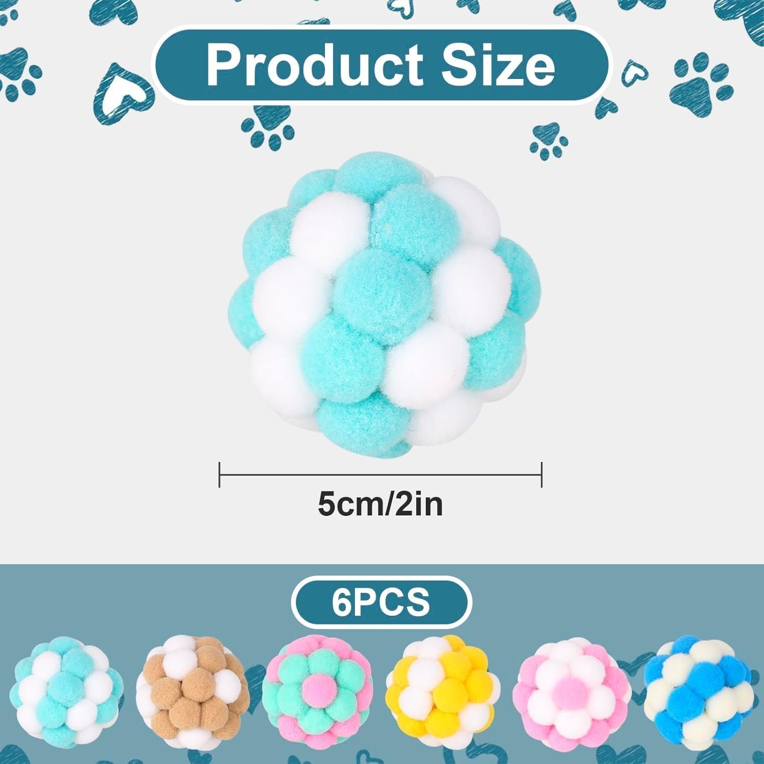 Yasdyri Cat Toys Balls 6 Pieces Colorful Cat Balls with Bells 5cm Soft Cat Pom Poms Balls Cats Interactive Ball Toy - Image 2