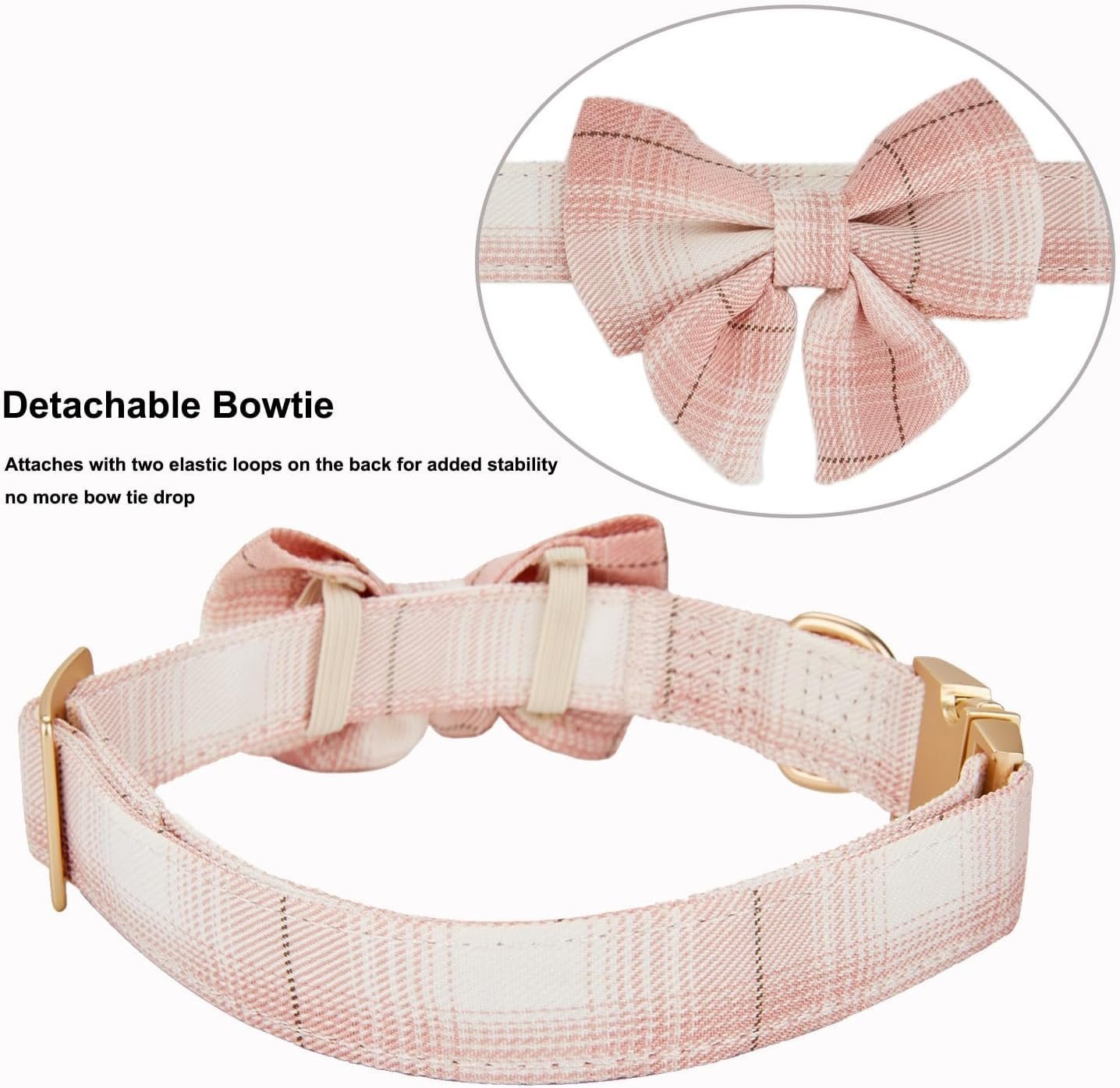 Soft Cloth Wrapped Dog Collar Plaid UK Style Collars with Removeable Bowtie for Small Dogs with Sensitive Skin,Pink - Image 5