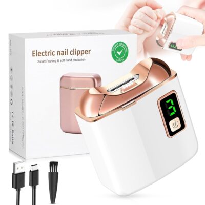Electric Nail Clipper with LED Light, USB Rechargeable Nail Trimmer, 3-Speed Fingernail Manicure for Baby, Kids, Seniors, and Adults – Perfect for Elderly Nail Care, White