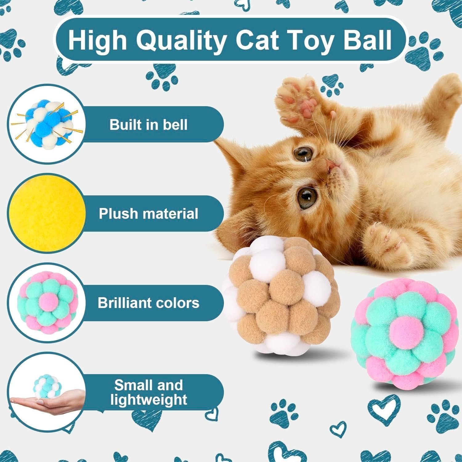 Yasdyri Cat Toys Balls 6 Pieces Colorful Cat Balls with Bells 5cm Soft Cat Pom Poms Balls Cats Interactive Ball Toy - Image 3