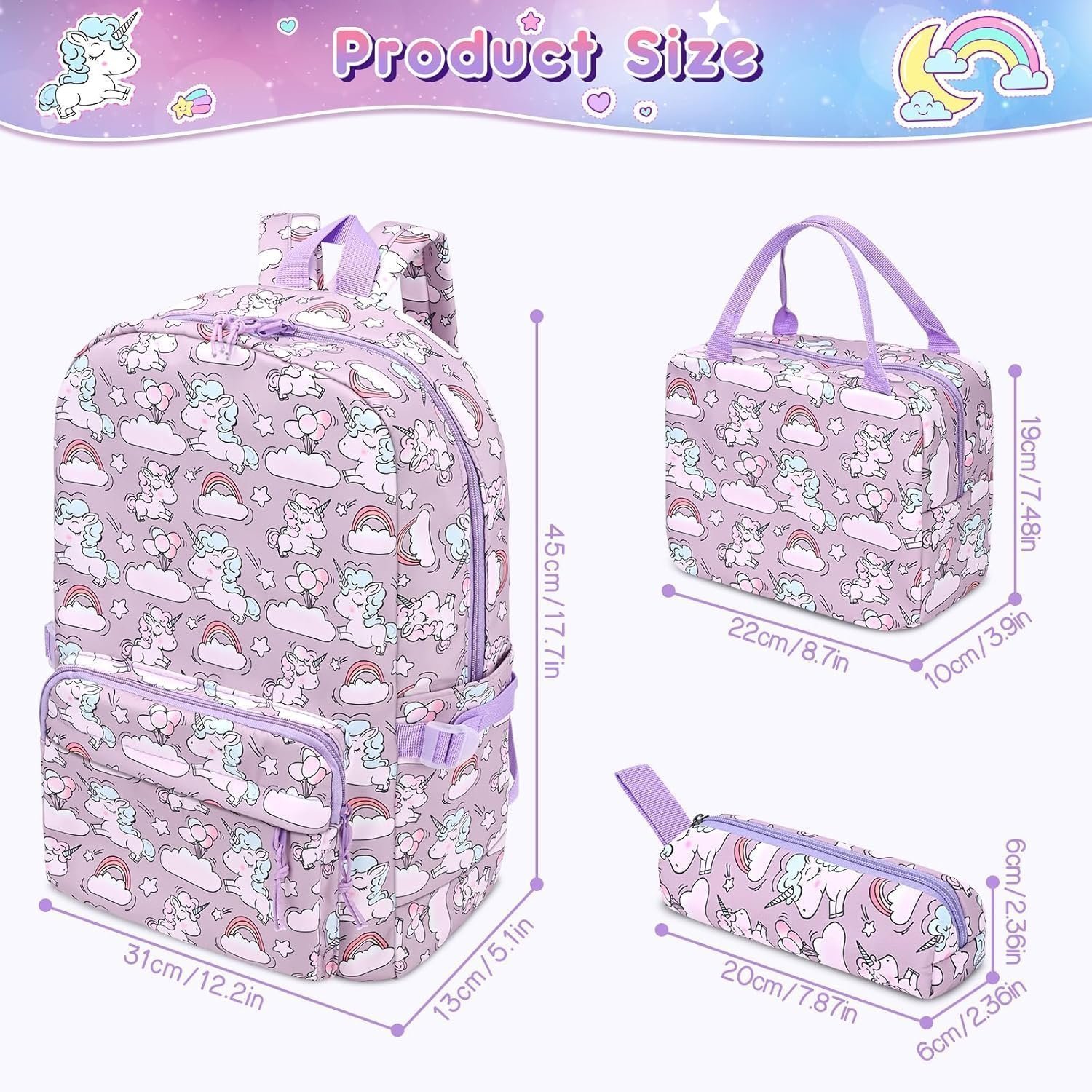 Donaky Unicorn School Bag Backpack for Girls Boys, 3 Pcs Purple Large Schoolbag Book - Image 2