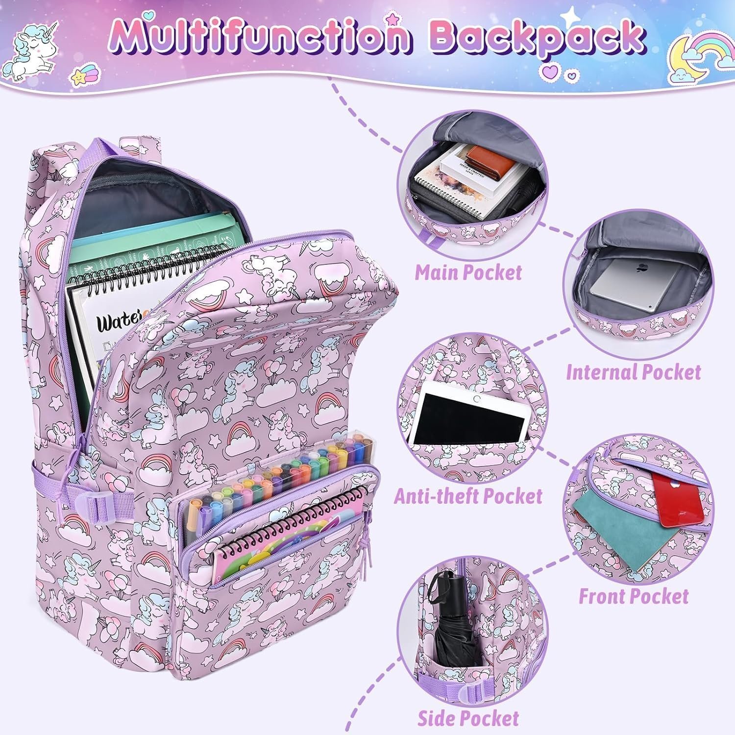 Donaky Unicorn School Bag Backpack for Girls Boys, 3 Pcs Purple Large Schoolbag Book - Image 5