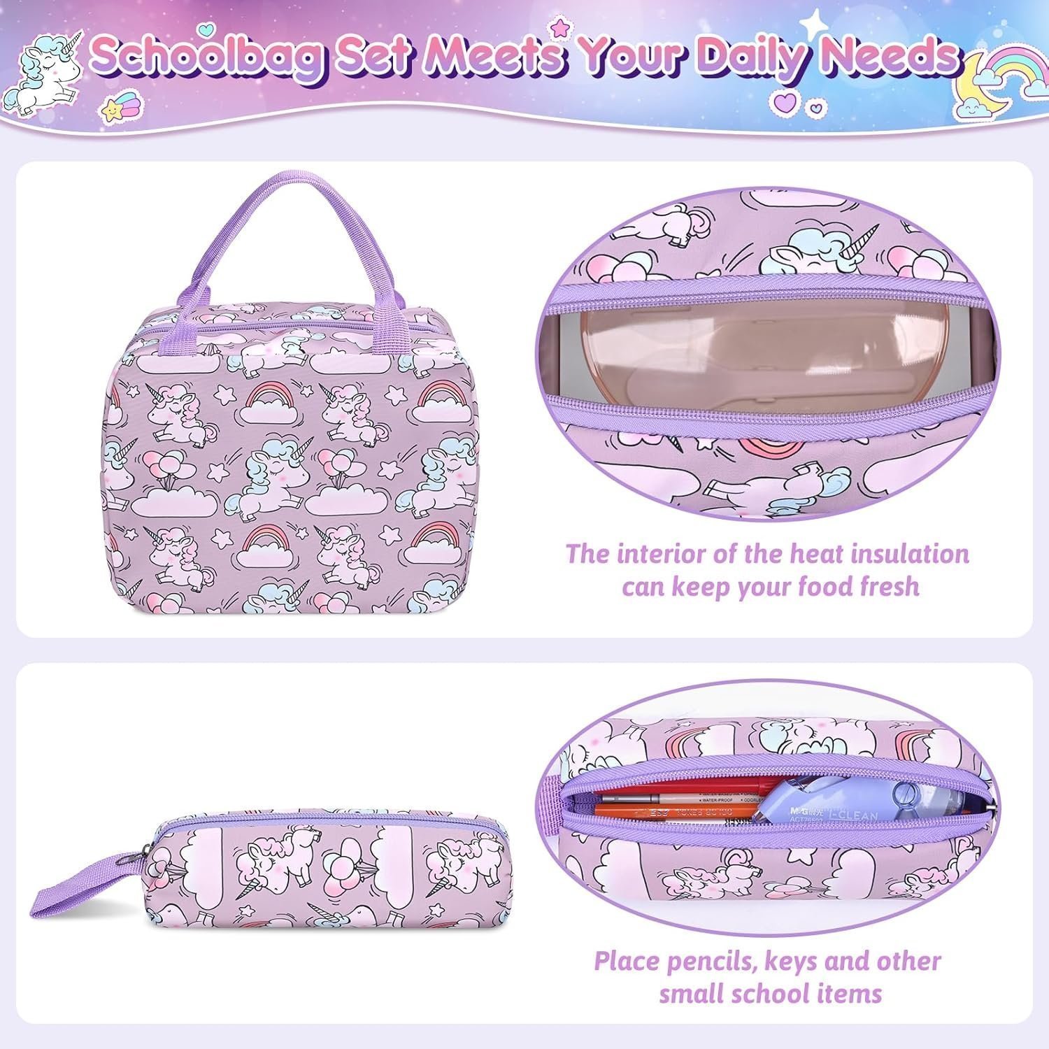 Donaky Unicorn School Bag Backpack for Girls Boys, 3 Pcs Purple Large Schoolbag Book - Image 3