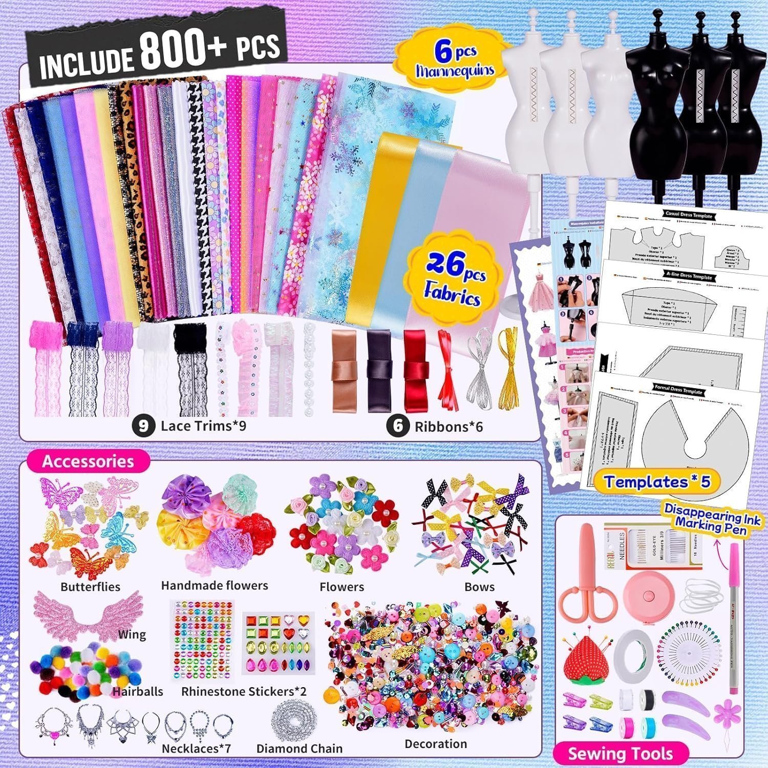 800+Pcs - Fashion Designer Kit for Girls with 6 Mannequins- Gift Present Age 6 7 8 9 10 11 12+ Visit the ONE TO FOUR Store - Image 3